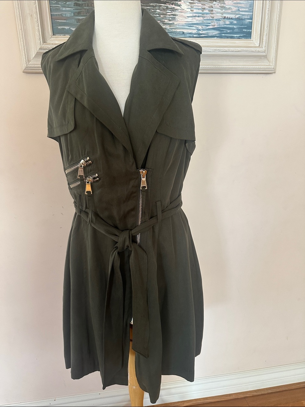 bebe Olive Sleeveless Trench Dress with Zip Accents